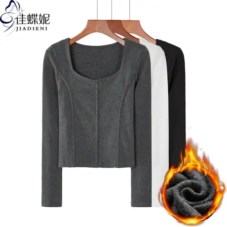 秋冬品季方V领短款高腰长袖T恤内搭打底衫加厚上衣法式宫廷领女装商品大图