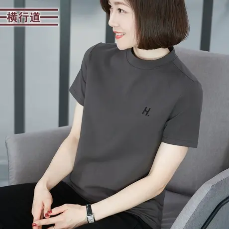 2023夏季女装打底衫新款字母刺绣短袖t恤半高领宽松上衣体恤半袖商品大图