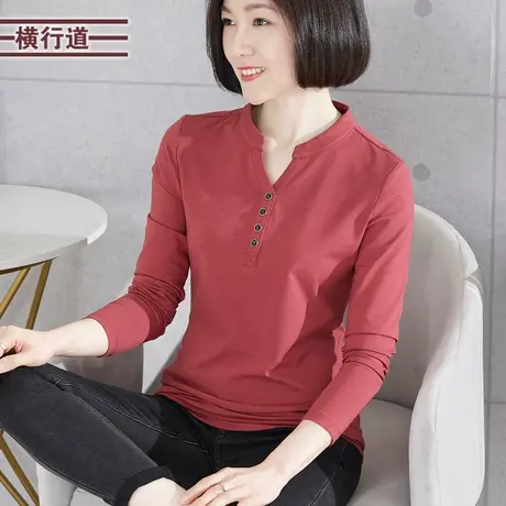 2023冬季新款v领上衣女士莫代尔棉大码中年妈妈长袖t恤立领打底衫商品大图