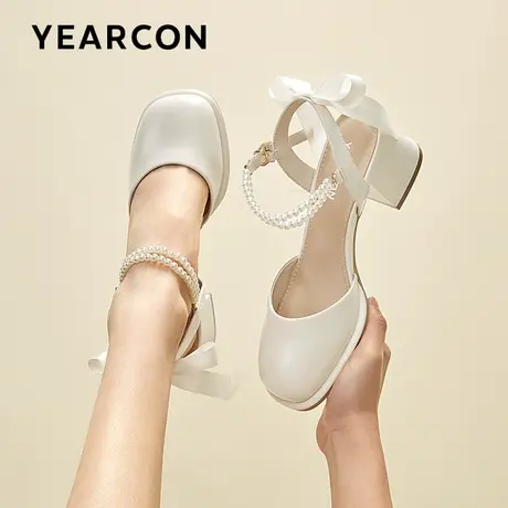 意尔康高跟凉鞋女2023新款夏包头法式单鞋粗跟软底一字扣玛丽珍鞋商品大图