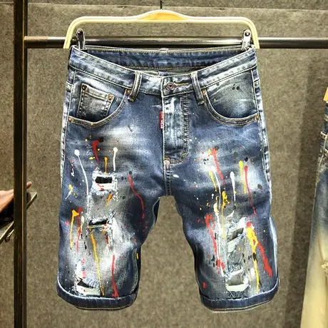 蓝色破洞牛仔短裤男潮牌修身中裤弹力嘻哈涂鸦印花五分裤子夏天薄商品大图