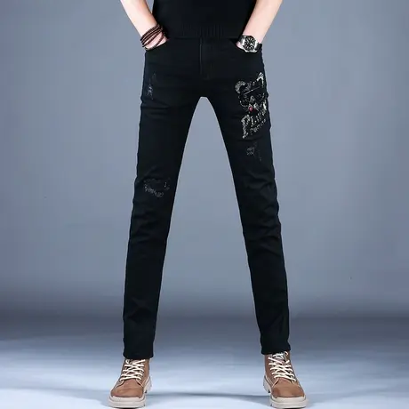 2023男士新款牛仔裤黑色修身时尚烫钻精致小脚裤棉弹破洞补丁潮牌商品大图