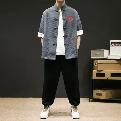 新中式男装唐装男款中国风冰丝衬衫男士短袖国潮刺绣盘扣衬衣立领图片