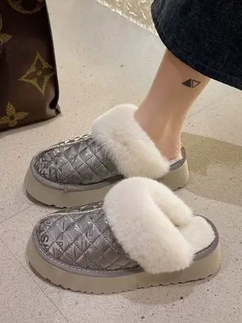 时尚包头半拖鞋女秋冬外穿2023年新款加绒加厚毛绒绒懒人家居棉拖商品大图