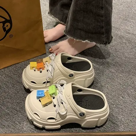 时尚绑带洞洞鞋女夏季ins潮外穿可爱包头厚底增高两穿防滑凉拖鞋商品大图