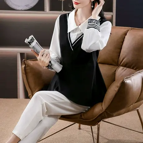2024年新款女装心动符大码胖mm秋装polo领气质拼接收腰显瘦衬衫女商品大图