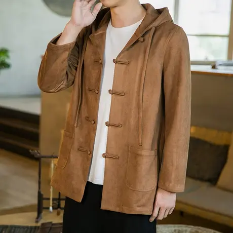 国潮盘扣唐装秋季复古连帽外套宽松休闲重磅鹿皮绒中式茶服男图片