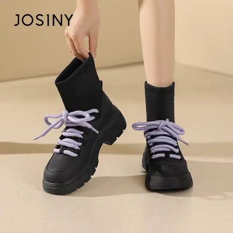 Josiny/卓诗尼马丁靴女2023秋季新款粗跟短靴英伦风百搭甜酷袜靴商品大图