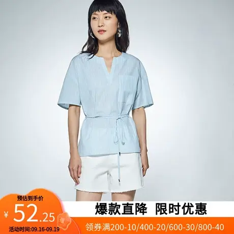 艾格夏季新品女装百搭宽松纯色系带收腰短袖T恤女ins潮Z348商品大图