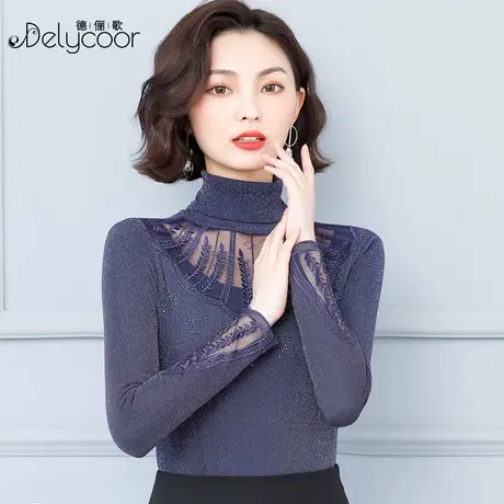 蕾丝打底衫女秋冬加绒长袖堆堆领加绒保暖上衣内搭高领网纱小衫潮商品大图