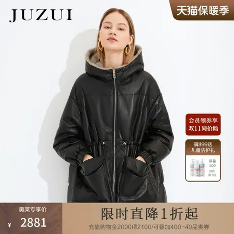 JUZUI/玖姿奥莱官方冬装羊皮连帽休闲抽绳水貂毛领女羽绒服外套商品大图