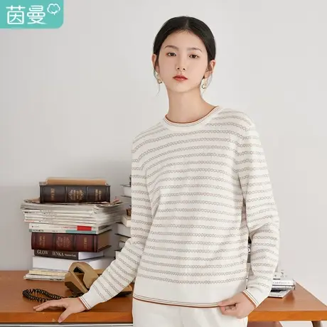 【商场同款】茵曼休闲女2023春季新款圆领套头简约宽松条纹针织衫图片