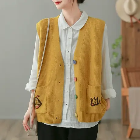 dza 复古休闲针织马甲背心女士秋冬叠穿上衣宽松外搭V领毛衣马夹商品大图