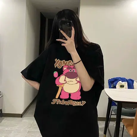 大码潮牌hiphop卡通黑色t恤短袖女纯棉ins潮百搭洋气设计感上衣夏图片