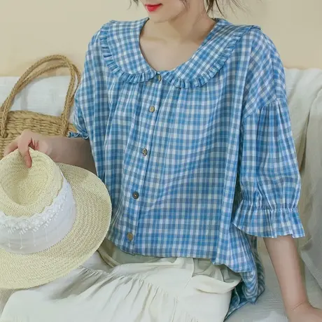 云子胖妹妹夏季2023新款小清新娃娃领花边袖纹格棉质衬衫商品大图