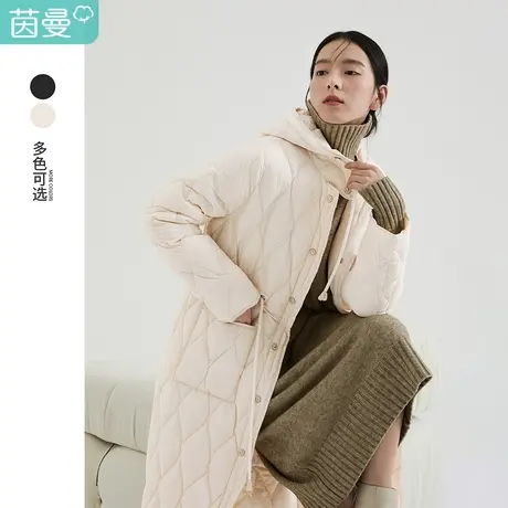 茵曼格纹白鸭绒中长款羽绒服女冬季2022年新款拼接宽松保暖面包服图片