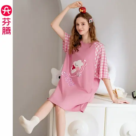 芬腾布朗熊睡裙女夏季纯棉薄款凉感中袖睡衣裙女款透气家居服中裙图片