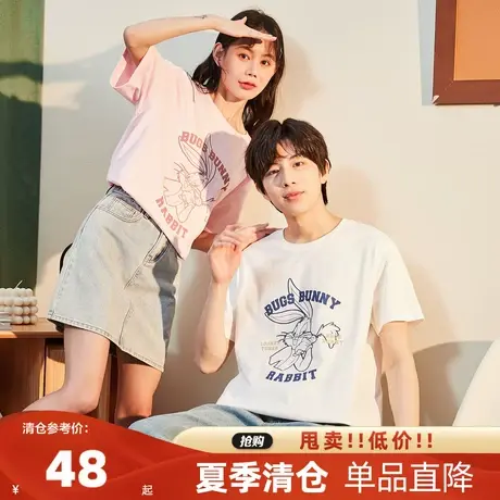 [兔八哥联名]唐狮2023夏季新款纯棉短袖t恤情侣装休闲印花半袖潮T商品大图