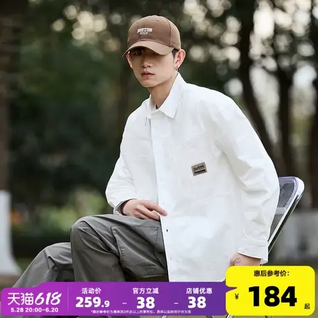 唐狮秋季新款长袖衬衫男翻领简约工装衬衫口袋日系上衣外套宽松潮商品大图