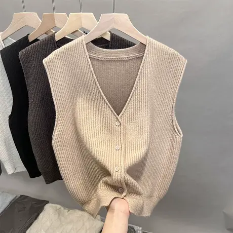 2023新款马甲V领纯色针织背心女坎肩上衣春秋造型感叠穿无袖开衫图片