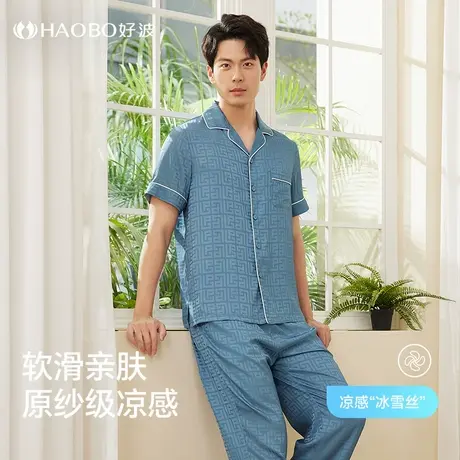 好波夏季凉感睡衣短袖长裤家居服套装宽松休闲翻领男睡衣HJF2450商品大图