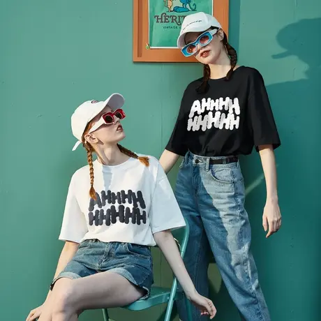 女情侣装唐狮圆领上衣服潮T恤休闲AHHH~短袖t恤女夏装宽松ins半袖图片