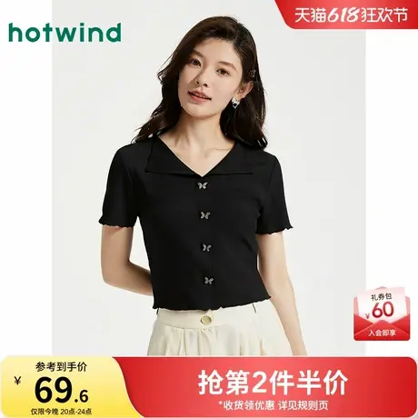 热风黑色V领短袖T恤上衣2025年夏季新款女士蝴蝶装饰小个子短袖T商品大图