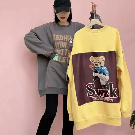 减龄小熊印花卫衣女慵懒风春季2023年韩版百搭宽松设计感外套上衣商品大图