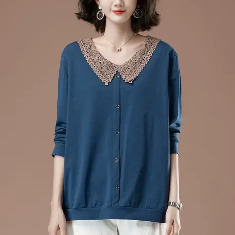 中年妈妈加肥加大码长袖t恤女春秋新款宽松纯棉娃娃领显瘦上衣女商品大图