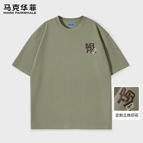 马克华菲绿色短袖T恤男士夏季2025新款宽松圆领男款美式复古上衣图片