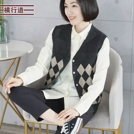 V领宽松格子毛衣马甲韩版妈妈大码休闲外搭无袖2023新款冬装女衣商品大图