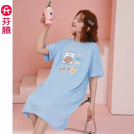 芬腾睡裙女夏季纯棉短袖可爱卡通大码宽松薄款夏天休闲全棉家居服商品大图