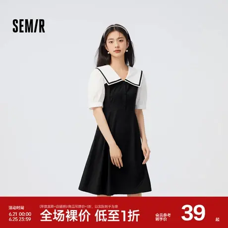 [商场同款]森马连衣裙女大翻领学院风秋季2023新款拼色小黑裙气质图片