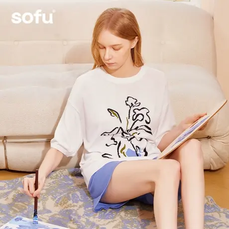 sofu花瓶提花圆领家居服套装可外穿宽松睡衣短袖短裤透气春夏套商品大图