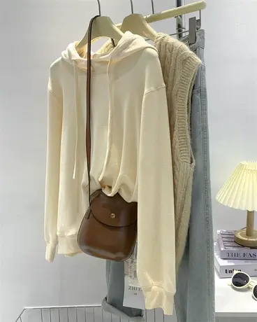 柔软带帽纯色套头卫衣女春秋薄款设计感抽绳连帽衫百搭上衣外套女商品大图