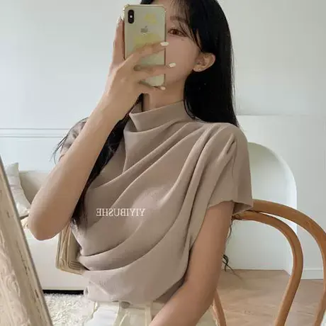 OnoevGW260很有女人味 气质半高领褶皱设计舒适短袖t恤sn商品大图