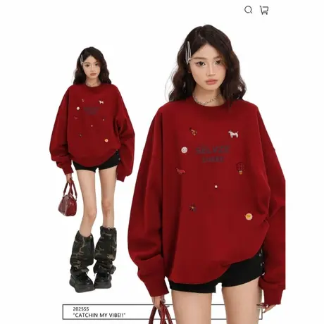 红色卫衣女早秋季2025新款美式宽松慵懒风圆领套头多巴胺长袖上衣商品大图