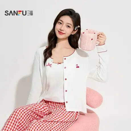 三福女秋季带杯格子三件套家居服 多巴胺甜美风宽松套装506712商品大图