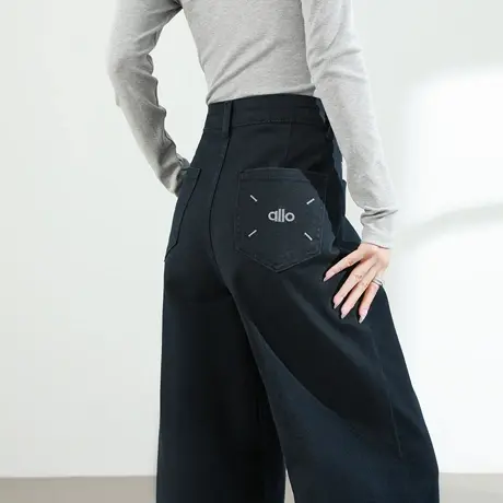 刺绣阔腿牛仔裤女2025春秋新款高腰显瘦宽松藏青色垂感直筒拖地裤商品大图