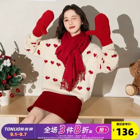 唐狮2024新款女毛衣慵懒风高级感圆领爱心满印针织衫设计感上衣商品大图