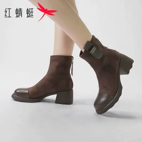 红蜻蜓女靴秋冬新款时尚百搭短筒靴粗跟弹力靴英伦风高跟瘦瘦靴子商品大图