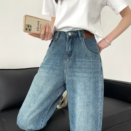 浅色老爹牛仔裤女2023年春秋新款高腰直筒宽松显瘦九分哈伦萝卜裤商品大图