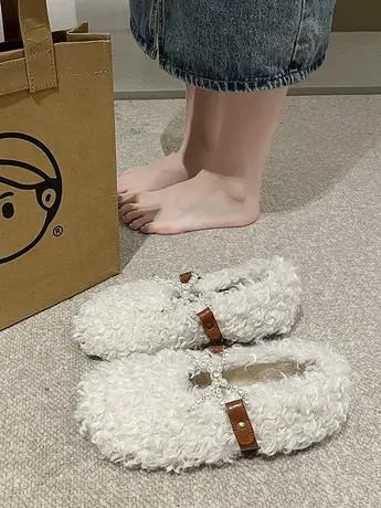 羊羔卷毛豆豆鞋女冬加绒时尚平底毛毛鞋2023新款珍珠温柔网红棉鞋商品大图
