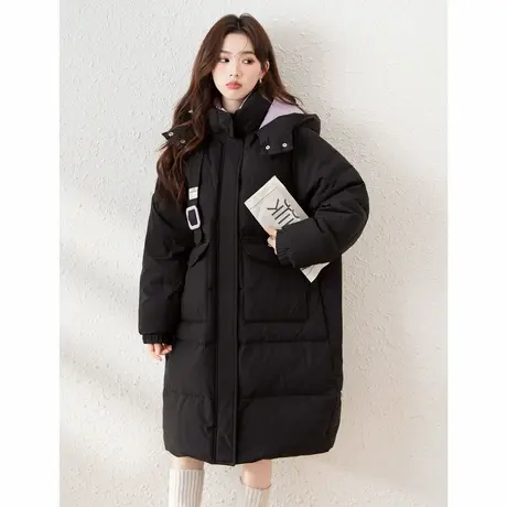 唐狮冬装新款女连帽撞色羽绒服黑色长款过膝保暖鸭绒外套爆款tu图片