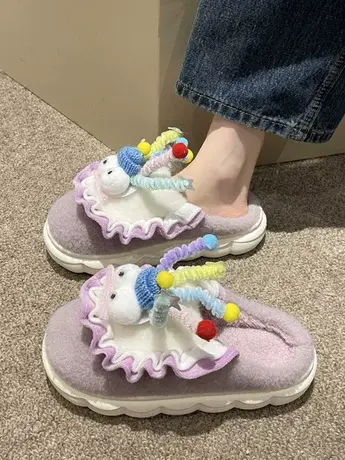 可爱卡通彩虹包头毛毛拖鞋女外穿加绒保暖防滑厚底2023秋冬季棉拖商品大图