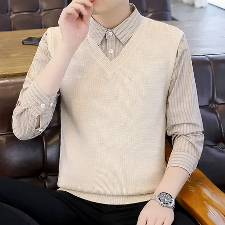 秋冬季男士套头毛衣韩版衬衫领休闲帅气线衣假两件百搭打底衫加厚图片