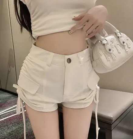 高腰抽绳黑色紧身设计感短裤女秋冬辣妹网红爆款修身弹力超短热裤图片