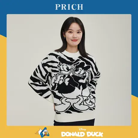 PRICH针织衫新品秋冬新款含绵羊毛唐老鸭圆领宽松条纹上衣女图片