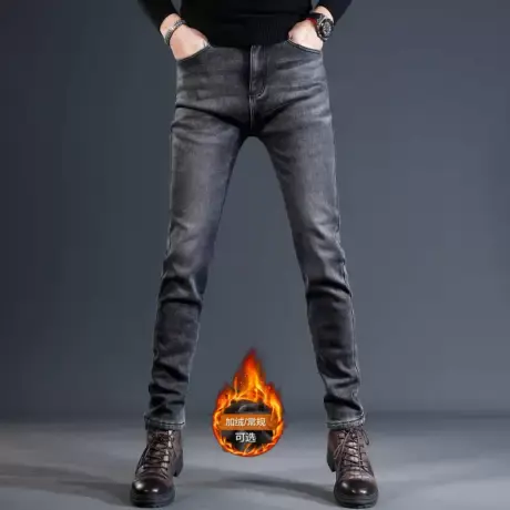加绒牛仔裤男2023秋冬新款修身小脚弹力男士潮流灰色休闲百搭裤子商品大图