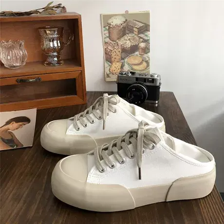 小白鞋女踩跟半拖2023春夏季薄款厚底帆布鞋大头ins潮鞋复古鞋子图片